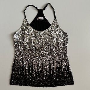 MANER Sequin Halter Tank Top Black Silver Size Large